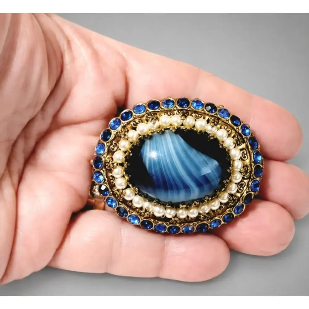Stunning Blue Slag Glass Brooch Pin Rhinestones 2